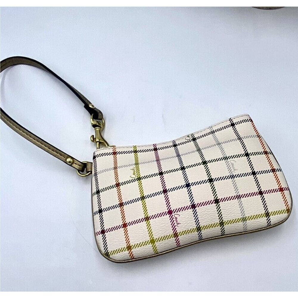 Coach Peyton Heritage Multicolor Tattersall Logo Script Wristlet‎ Pouch